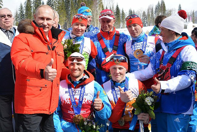 Vladimir Lukin (far left) and Russian President Vladimir Putin helped the country's athletes enjoy their record-breaking success at Sochi 2014 ©The Kremlin