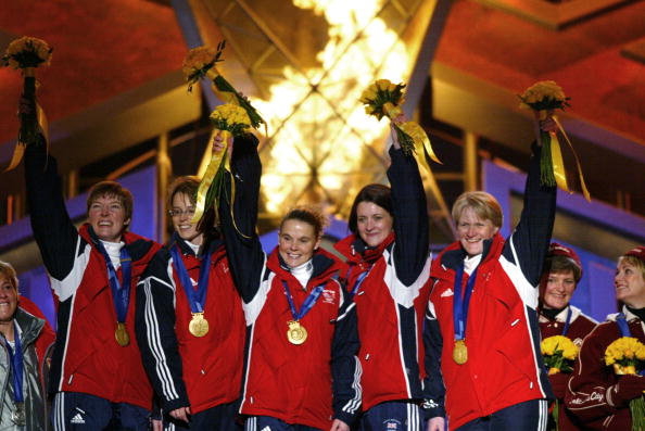 Rhona Martin, pictured far right, at the 2002 Salt Lake Winter Games curling medal ceremony ©Getty Images
