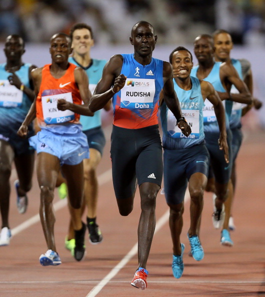 David Rudisha en route to victory at last year's 800m in the IAAF Diamond League meeting at Doha, with his main rival, Mohammed Aman of Ethiopia, at his left shoulder. Rudisha plans to return after a year's absence with injury to race at the Eugene Diamond League meeting on May 31 ©Getty Images