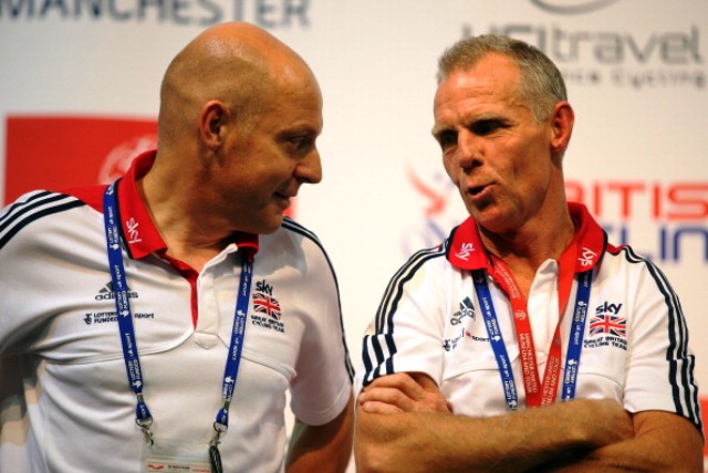 British Cycling technical director Shane Sutton (right) has hinted that Wiggins could take to the track in Glasgow if not selected by Sir Dave Brailsford for this year's Tour de France ©Getty Images 