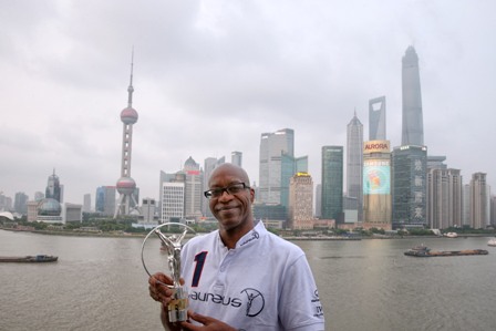 Laureus chairman Edwin Moses, pictured with the Laureus Statuete in Shanghai, says he is delighted to be taking the awards to China ©Getty Images