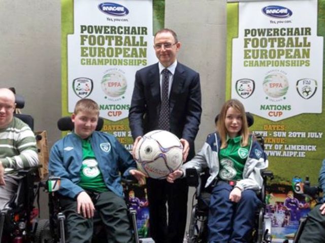 Republic of Ireland team manager Martin O'Neill at the launch of the inaugural European Powerchair Nations Cup, scheduled for Limerick in July ©Facebook/EPFA