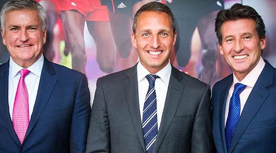Martin Seibold, UK managing director of Fitness First, in between Bill Sweeney and Sebastian Coe following the announcement ©BOA