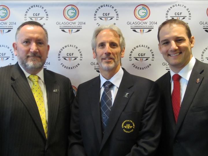 Commonwealth Games Federation chief executive Mike Hooper (left), pictured with Canada's CGF vice-president Bruce Robertson (centre) and Glasgow 2014 chief executive David Grevemberg (right), is stepping after down after 14 years ©Glasgow 2014
