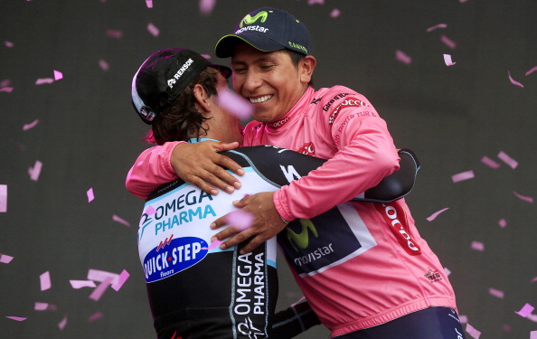 Nairo Quintana embraces compatriot Rigoberto Urán after their one-two finish in the Giro d'Italia ©AFP/Getty Images