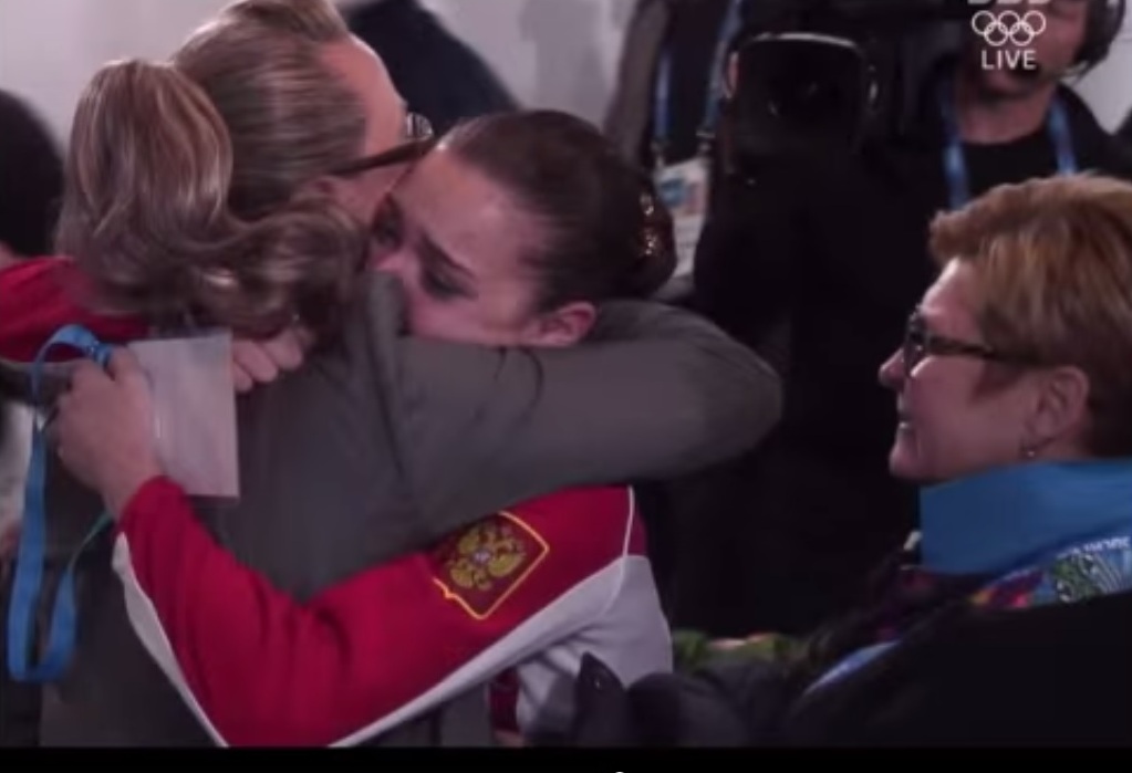 South Korean officials had complained that Alla Shekhovtseva had hugged Adelina Sotnikova after she was awarded the gold medal, allegedly showing a lack of independence on the part of the Russian judge ©YouTube