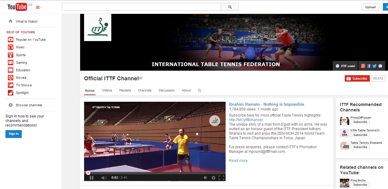 The ITTF YouTube channel is currently the fourth largest of any Olympic sport ©YouTube