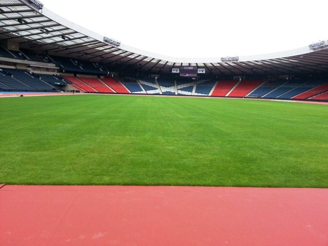 The newly laid track and infield at Hampden Park have been raised by almost two metres to meet the requirments for an IAAF event ©ITG
