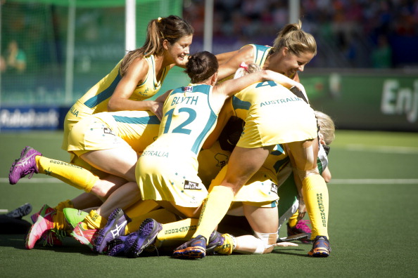 Australia's women celebrate after beating the United States on a penalty shoot-out to reach the World Cup final, where they will play host nation The Netherlands ©AFP/Getty Images