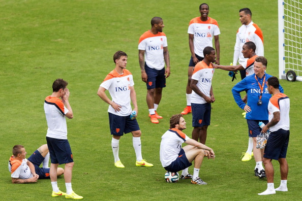 Louis Van Gaal, coach of the Dutch football side at the World Cup finals in Brazil, works with his players ahead of their opening match against holders Spain on Friday evening. Meanwhile the Dutch men's hockey World Cup semi-final against England has been brought forward to avoid clashing, and will be televised live on Sky Sports 1 from 14.00 BST ©AFP/Getty Images