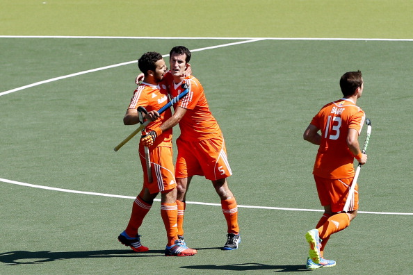 The Dutch men celebrate their 1-0 win over England in the Hockey World Cup in The Hague ©AFP/Getty Images