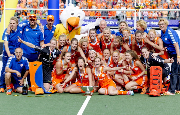 The Dutch women celebrate after winning the Rabobank Hockey World Cup on home ground in The Hague with a 2-0 win over Australia ©AFP/Getty Images