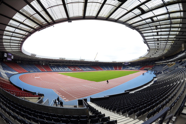 The newly installed, temporary, athletics track at Hampden Park - suspended six feet above the pitch on stilts ©AFP/Getty Images