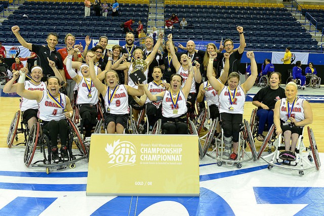 Hosts Canada celebrate their World Championship win after defeating Germany in today's final ©Wheelchair Basketball Canada