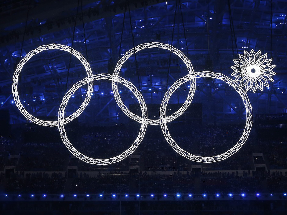 A malfunction at the Opening Ceremony of Sochi 2014 meant that not all five Olympic rings were illuminated as they should have been ©AFP/Getty Images