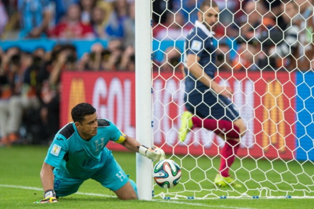 The GoalControl system being used at the 2014 World Cup in Brazil showed that Karim Benzema's shot had crossed the line after hitting off goalkeeper Noel Valladares in the France versus Honduras match ©Getty Images