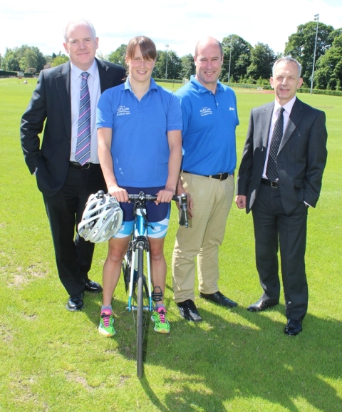 Professor Gerry McCormac, Principal and Vice-Chancellor of University of Stirling, triathlete Natalie Milne, Team Scotland Chef de Mission Jon Doig and Peter Bilsborough, director of sports development at the University of Stirling, reveal details of the pre-Games training camp for Glasgow 2014 ©University of Stirling