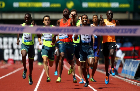 David Rudisha, Kenya's Olympic champion and world record holder (extreme right) fades to seventh in the 800m at the IAAF Diamond League meeting in Eugene, Oregon as Bostwana's Olympic silver medallist Nijel Amos (centre, orange vest) heads for victory ©Getty Images