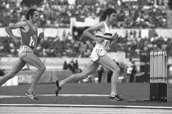 Brendan Foster starts to move clear of Finland's double Olympic champion Lasse Virén en route to European 5,000m gold in at the 1974 Rome Championships ©Getty Images