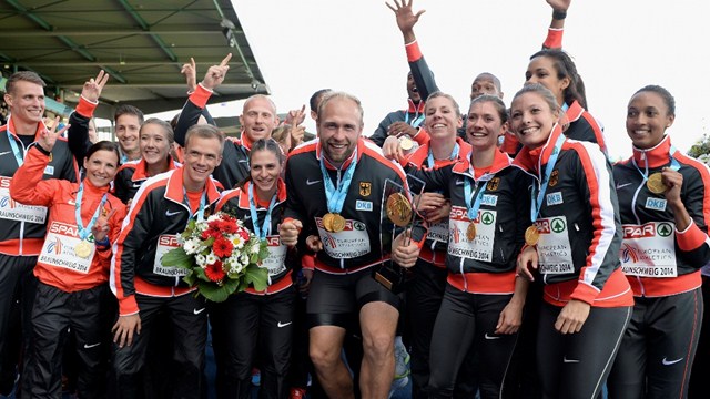 German captain Robert Harting leads the celebrations after the host nation earned the Super League title in the European Athletics Team Championships, preventing Russia from winning for a fourth consecutive time ©Getty Images