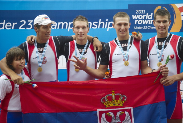 Veslin Savic, pictured right after winning gold in the coxed fours at the World Under 23 Championships of 2011, combined with Dusan Bogicevic to win the men's pairs at the European Rowing Championships in Belgrade ©Getty Images