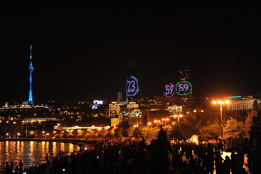 A countdown to the celebrations for One Year To Go until the first European Games was projected on the Flame Towers ©Baku 2015