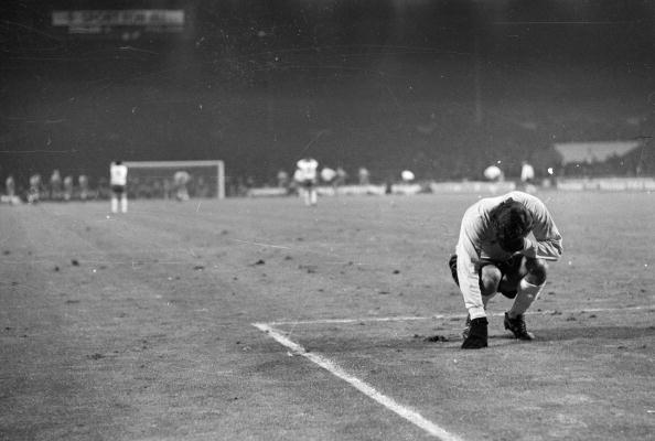 England goalkeeper Peter Shilton cannot watch as Allan Clarke scores a penalty at Wembley which levelled the scores with Poland in their crucial qualifying match for the 1974 World Cup finals but which was still not good enough to allow them to qualify  ©Hulton Archives/Getty Images