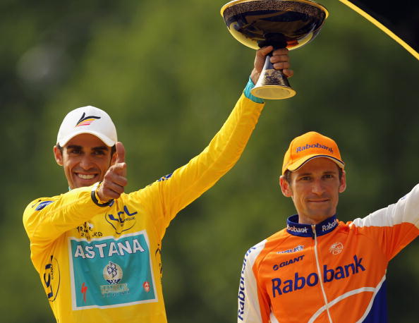 Denis Menchov (right) was promoted into second in the 2010 Tour de France after Alberto Contador (left) was stripped of the win ©Getty Images