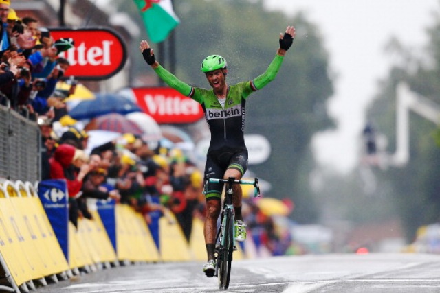 Dutchman Lars Boom crosses the line during stage five of the Tour de France after a day of driving rain ©Getty Images 