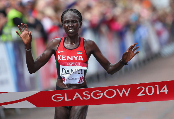 Flomena Cheyech Daniel of Kenya crossed the line to win women's marathon gold ©Getty Images