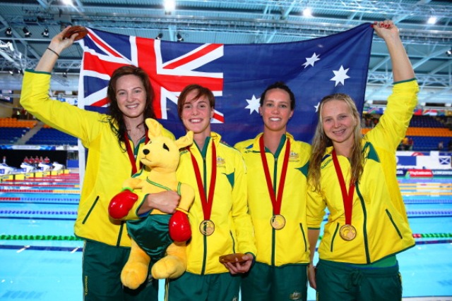 The Australian women's 4x100m freestyle team of Cate Campbell, Bronte Campbell, Emma McKeon and Melanie Schlanger who broke the world record in Glasgow ©Getty Images 