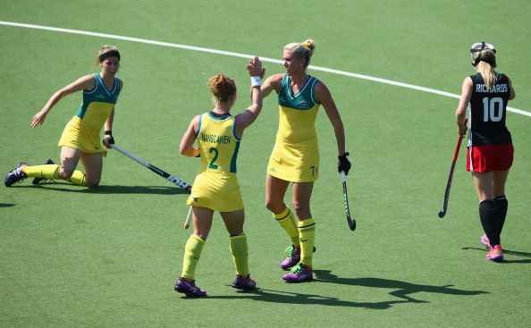 Celebrating was the order of the day for Australia in their 9-0 hockey win ©Getty Images