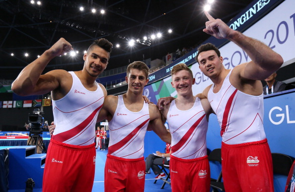 From left, Louis Smith, Max Whitlock, Nile Wilson and Kristian Thomas together with Sam Oldham, who picked up an injury on the vault, took England to gold in the artistic gymnastics men's team competition ©Getty Images