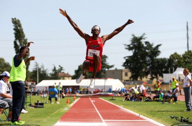 Lex Gillette soars through the air on his way to World Championship gold in Lyon last year ©Getty Images