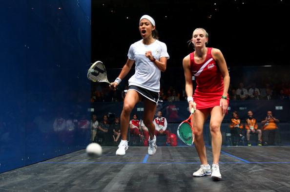 Nicol David celebrates match point in her gold medal final match with Laura Massaro ©Getty Images