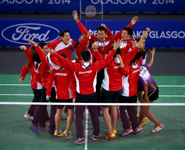 There were jubilant scenes as Singapore beat India to bronze in the badminton mixed teams event ©Getty Images 