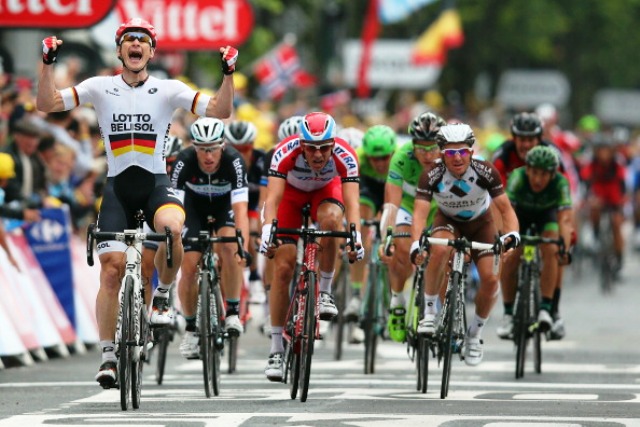 Greipel punches the air in delight after winning the sprint in Reim today ©Getty Images 