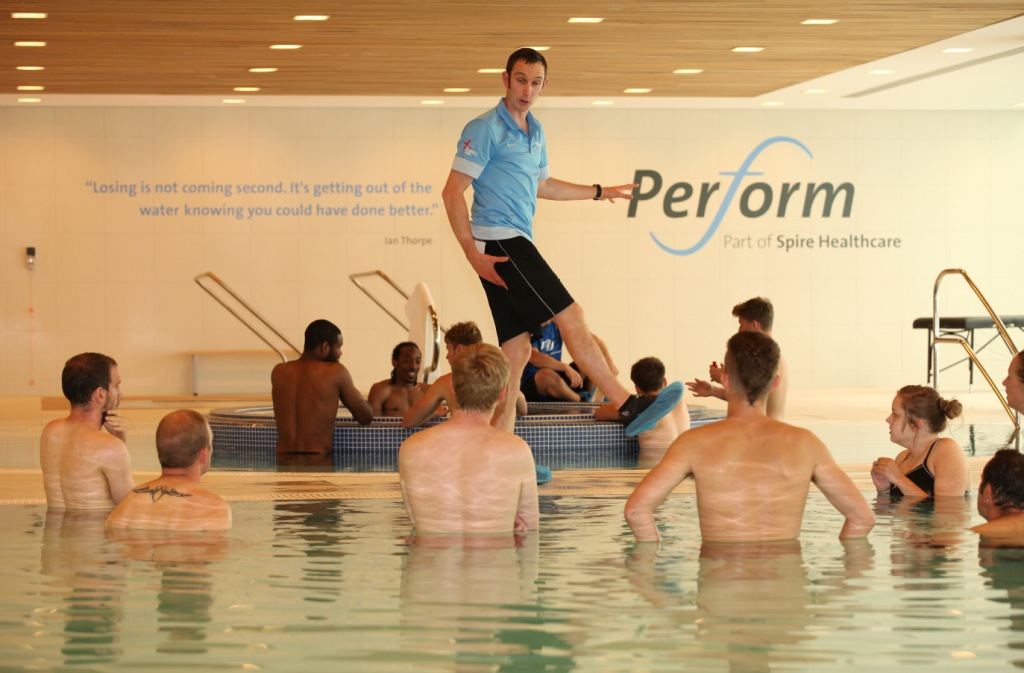 In the pool, we were shown a series of exercises to help stretch out the muscles and rid our bodies of the building lactic acid from the day's events ©Macesport
