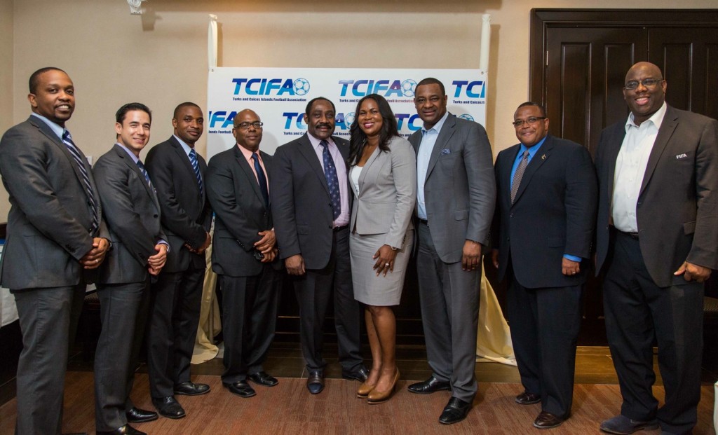 Pictured left to right: CONCACAF media officer Jason Harper, CONCACAF legal affairs director Marco Leal, CFU general secretary Damian Hughes, Cayman Islands Football Association first vice-president Bruce Blake, Horace Burrell, Sonia Bien-Aime, Jeffrey Webb, Gordon Derrick and Howard McIntosh at the TCIFA AGM © TCIFA