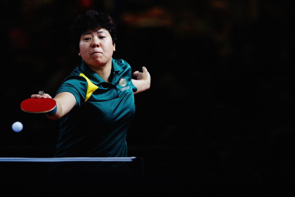 Jian Fang Lay of Australia playing a backhand against India's Manika Batra on her way to helping Australia win the table tennis women's team bronze medal match ©Getty Images