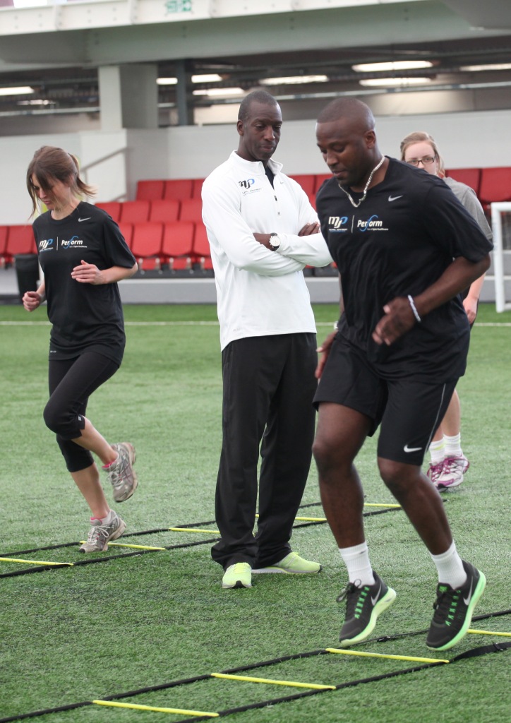 Michael Johnson was joined by Michael Johnson as the exercises got underway on the artificial pitch inside the National Football Centre's dome ©Macesport