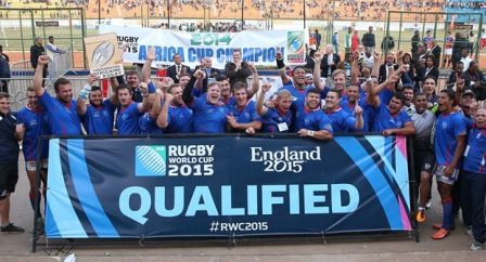 Namibia's team celebrate becoming the 19th nation to qualify for the Rugby World Cup 2015 ©RWC 2015