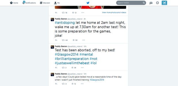 Paddy Barnes was not best pleased at having to undergo a drugs test late last night and early this morning ©Twitter