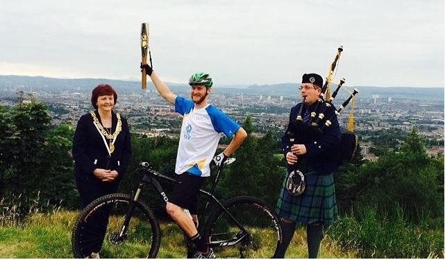 Rob Wardell carrying the Baton on the Cathkin Braes Mountain Bike trails this morning ©Rob Wardell/Facebook