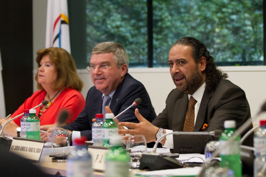 Sheikh Ahmad addresses the ANOC Executive Council alongside Thomas Bach and ANOC secretary general Gunilla Lindberg ©ANOC