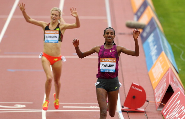 Hiwot Ayalew celebrates a new best time for 2014 in the women's 3000m steeplechase in Glasgow ©British Athletics/Getty Images