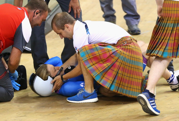 Jenny Davis of Scotland is checked by officials after crashing in the women's sprint race ©Getty Images