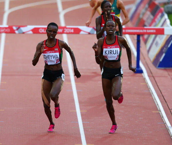 Purity Kirui of Kenya (right) beat her countrywoman Milcah Cheywa in a tight finish to the 3,000m steeplechase ©Getty Images