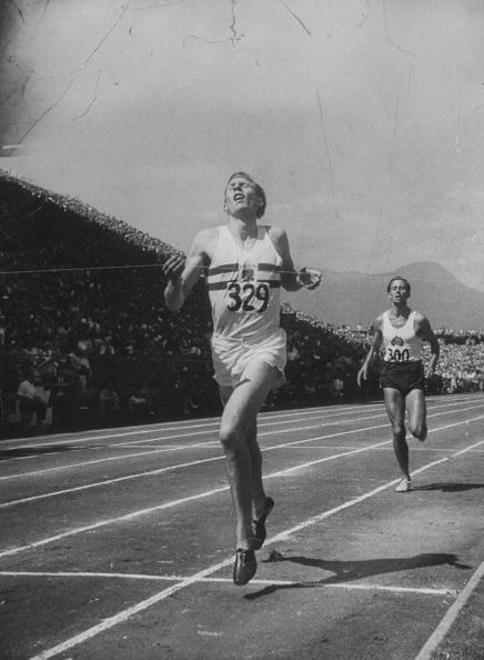 Roger Bannister wins the mile at the 1954 British Empire and Commonwealth Games in Vancouver in a time of 3 min 58.8sec, ahead of John Landy, who clocked 3:59.6. It was the first time two runners had bettered four minutes in the same race ©LIFE Collection/Getty Images