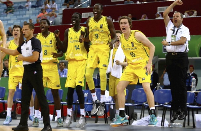 Australia celebrate after clinching a dramatic semi-final win over Spain at the FIBA Under-17 World Championships ©Getty Images